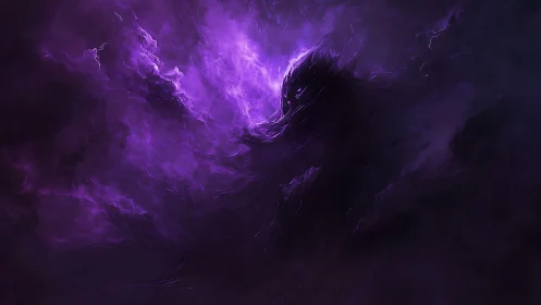 Mysterious purple wraith forming inside swirling cosmic mist.