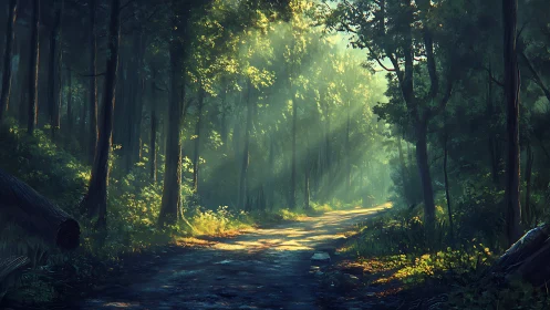 Sunlit Forest Path with Golden Light Rays