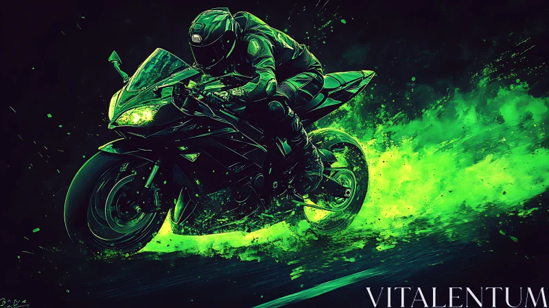 Neon green sportbike racer explodes through a dark digital storm