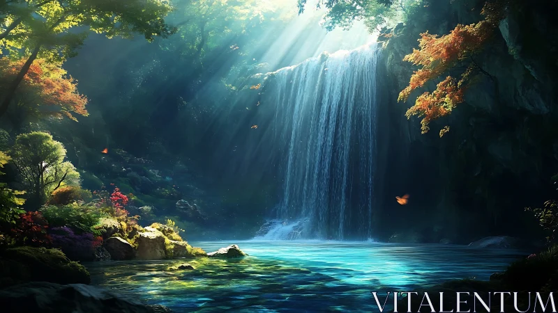 Sunlit waterfall cove where forest light learns to sing.