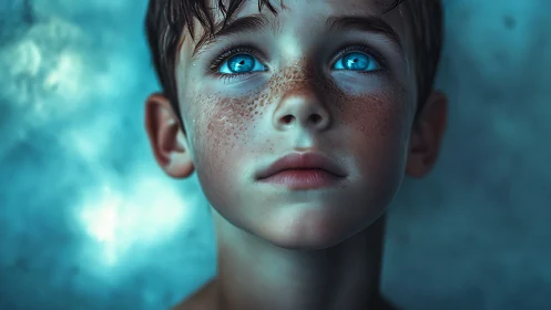 Digital portrait with luminescent eyes and fractional skin texture.