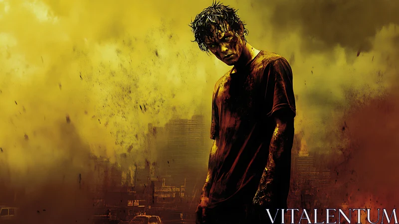 Contaminated survivor in toxic yellow urban fallout haze