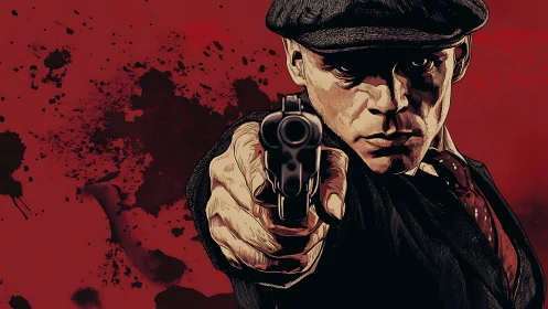 Determined gunman in flat cap aiming pistol forward.