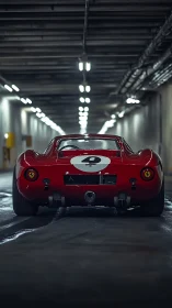 Vintage red race car waiting in a quiet underground tunnel.