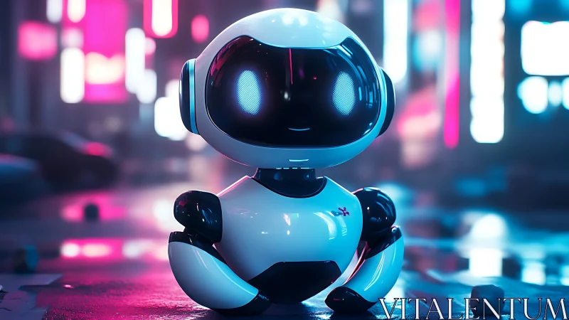 Compact glossy robot in neon cyberpunk city environment.