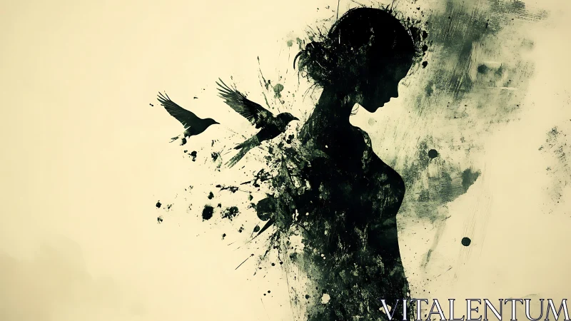Silhouette of woman dissolving into ink splashes and flying birds