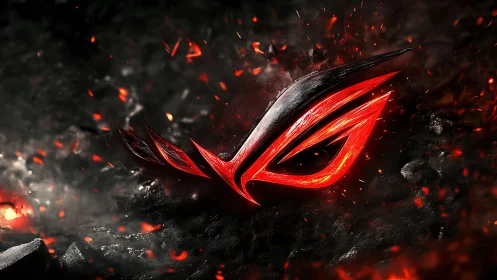 Red stylized emblem in molten textured dark environment.