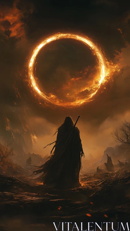 Dark robed wanderer beneath blazing celestial fire ring.