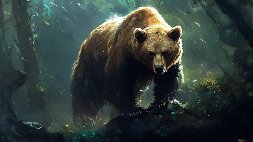 Brown bear in dense forest environment, frontal view.