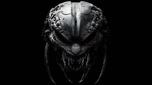Symmetrical biomechanical creature head in stark black field.