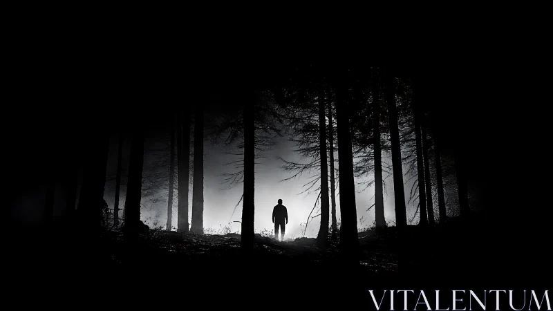 Noir forest silhouette with centralized backlit figure composition.