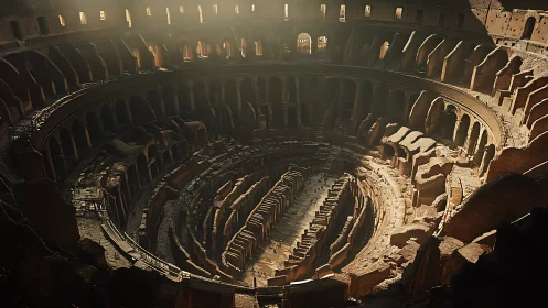 Sunlit interior of ancient Roman amphitheater hypogeum in decay