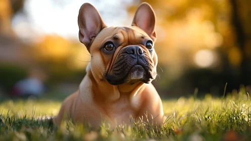 French bulldog rests in sunlit autumn park grass.