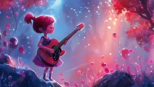 Young guitarist in bioluminescent forest rendered in vibrant hues