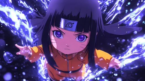 Anime ninja child in water energy swirl, intense focus.