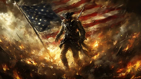 Colonial soldier advances through fire with large US flag