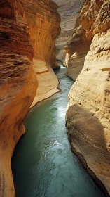 Sunlit canyon river curls through sculpted sandstone walls.