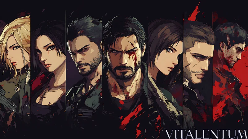 Battle-scarred anime team stands amid blood-red splashes.