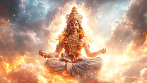 Divine goddess in fiery clouds rendered as digital aura.