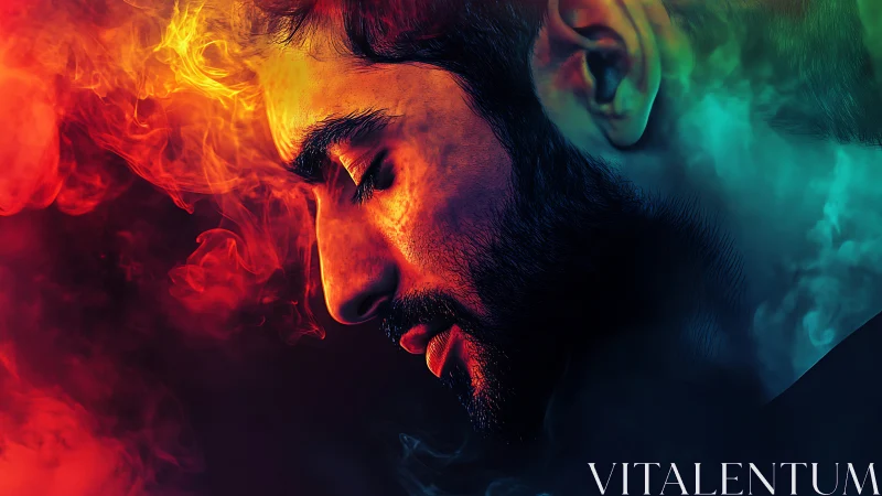 Luminous portrait of pensive man in vibrant colored smoke.