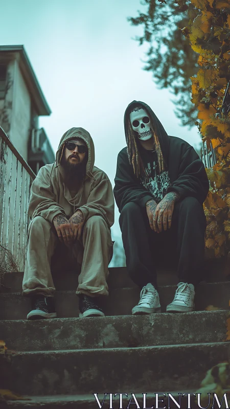 Urban duo on steps with skull mask and hooded streetwear.