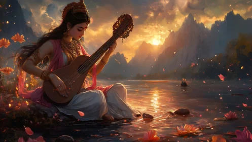 Woman plays stringed instrument beside lake at sunset