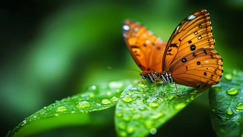 Tender moment between two butterflies on dewy leaves.