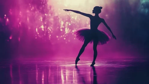 Silhouette ballet dancer on stage with vivid colored lighting.