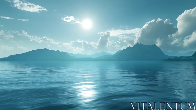 Photorealistic coastal seascape with luminous atmospheric depth.