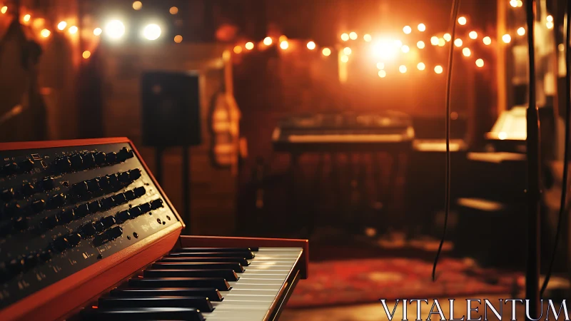 Cozy studio keyboard glowing under warm music lights.