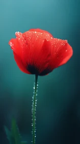 Red poppy with water droplets against teal background.