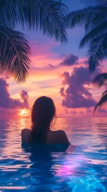 Backlit swimmer in neon-tinted tropical ocean sunset panorama