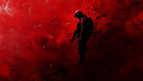 Silhouetted tactical soldier immersed in red particulate field.