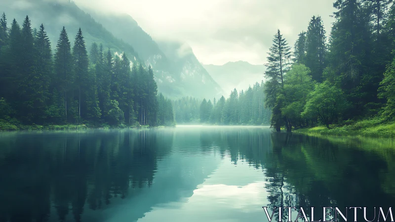 Mountain valley lake with coniferous forest and misty peaks