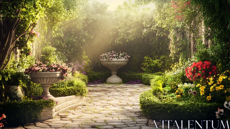 Sunlit formal garden path renders lush floral symmetry in 3D