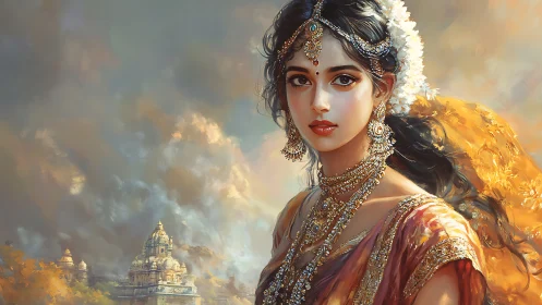 Regal Indian woman in ornate jewelry before temple ruins.