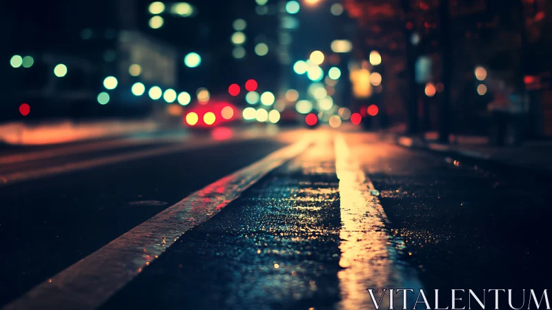 Wet urban roadway at night with bokeh traffic and reflections