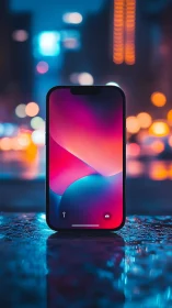 Smartphone with gradient display in urban setting.