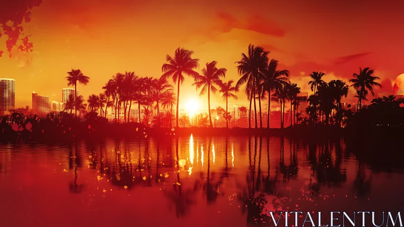 Radiant tropical sunset bathes city skyline in golden warmth