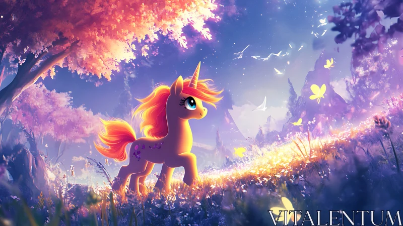 Gentle unicorn wandering through a glowing pastel forest path.
