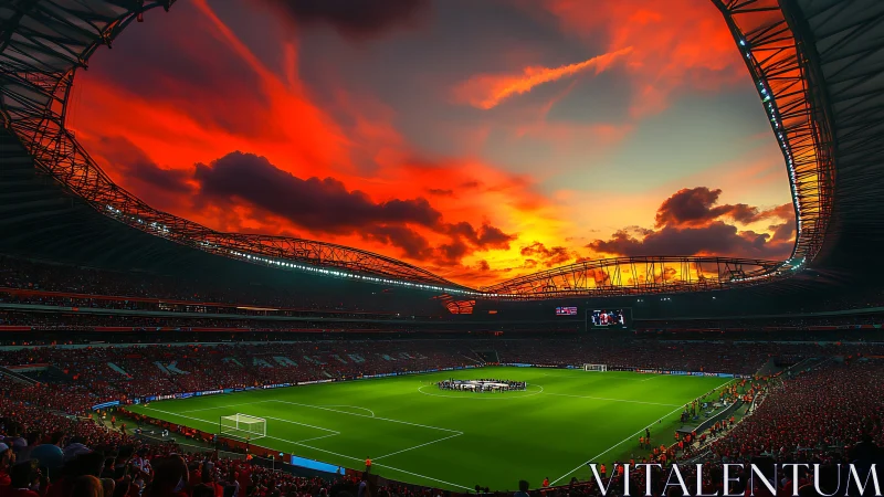 Stadium of molten skies and electric green football dreams.