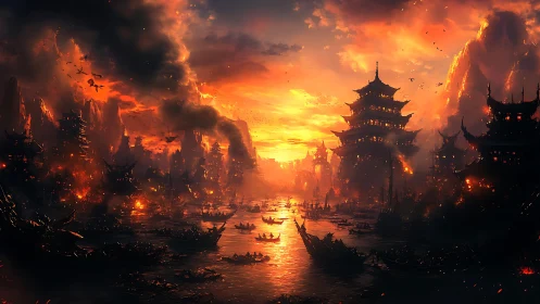 Burning imperial harbor city under blazing sunset sky.