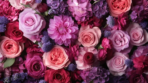 Dense floral arrangement displaying varied cultivated flowers in pink, magenta, and purple tones.