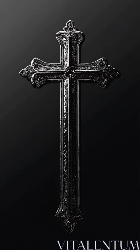 Ornate black metal cross with reflective carved detail.