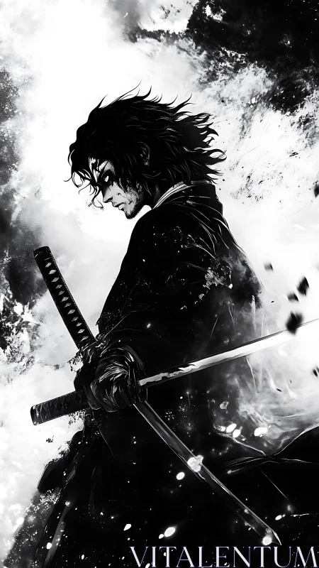 Lone samurai with dual katanas in stark monochrome storm.