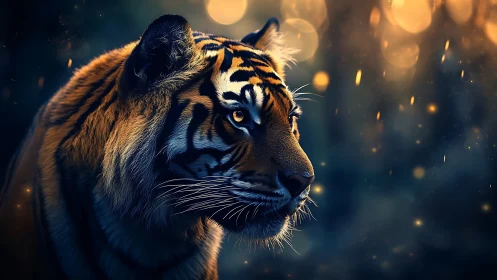 High-contrast tiger portrait with bokeh sparks and rim lighting
