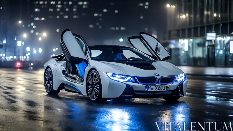 Sleek white sports car glowing on a rainy city night street.