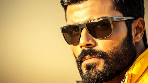 Close-up bearded man in sunglasses against warm backdrop.