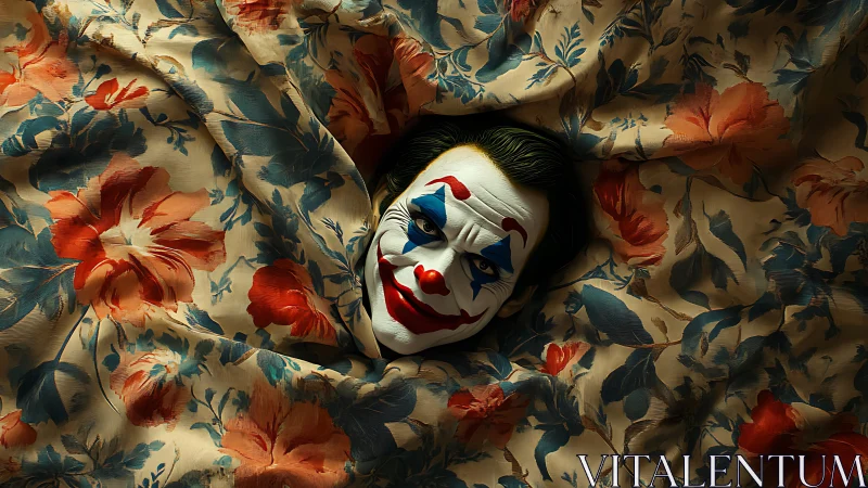 Clown face emerges from shadowed floral fabric folds.