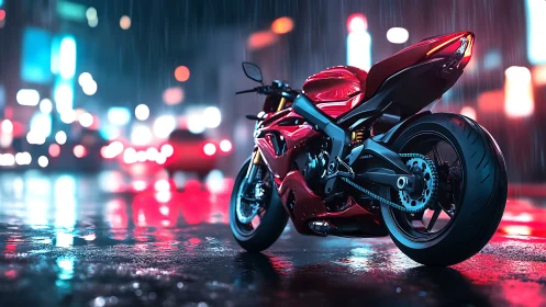 Scarlet superbike under neon rain in futuristic cityscape.